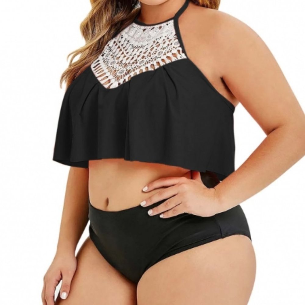 S6832 Black Halter Crochet Panel Overlay Tankini
